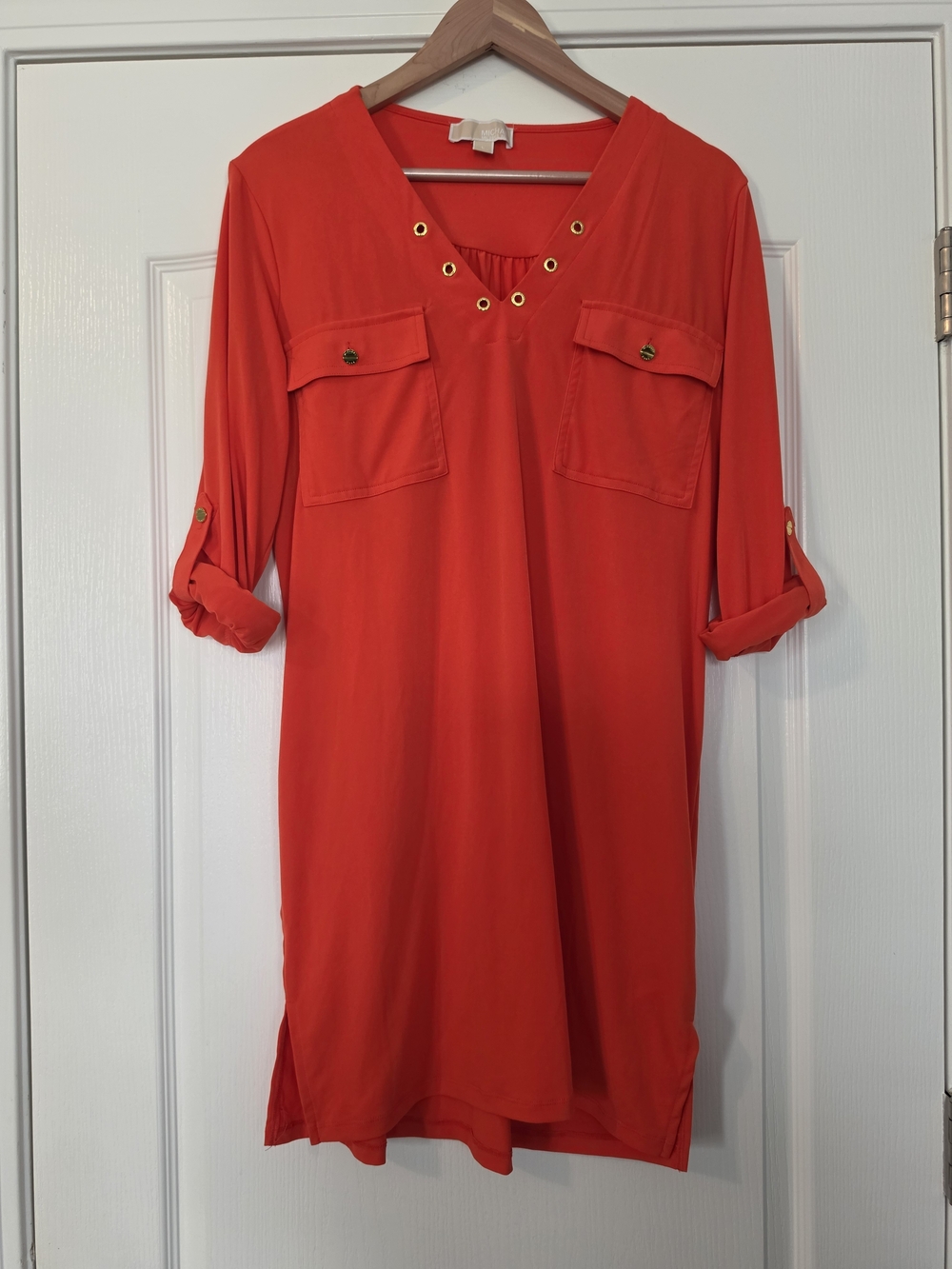 Michael Kors Coral-Red Grommet V-Neck Tunic